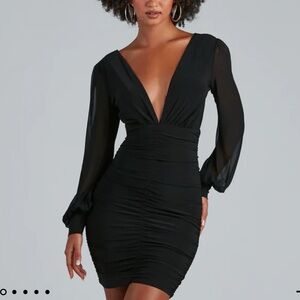 WINDSOR Black Long Mesh Sleeve V Neck Dress